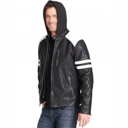 Mens Black Leather Motorcycle Jacket with Hoodie