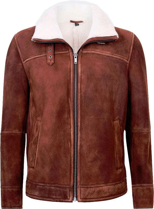 Men's Brown Cream Flying Leather Jacket With Fur