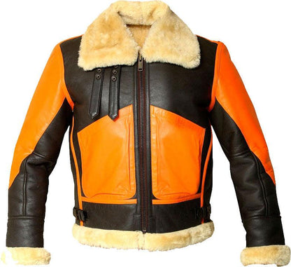 Men's Brown Real Bomber Leather Jacket With Fur