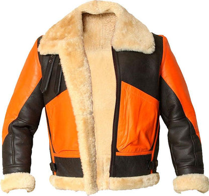 Men's Brown Real Bomber Leather Jacket With Fur