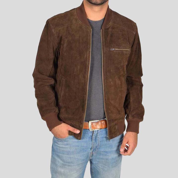 Mens Chocolate Brown Suede Leather Bomber Jacket