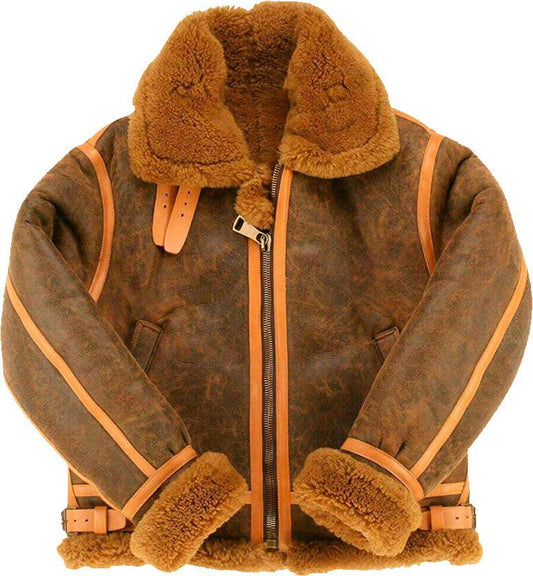 Men's Classic Style B3 Brown Bomber Leather Jacket With Fur