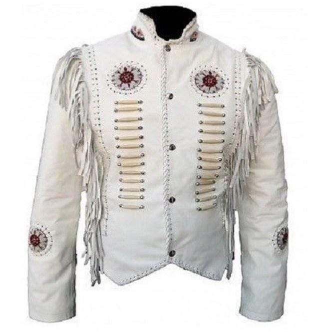 Men's Cowboy Leather Jacket Western Coat Fringes Beads White Jacket