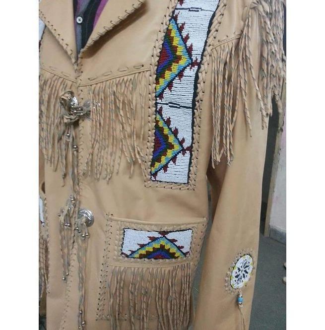 Men's Cowboy Leather Jacket Western Coat Fringes, Beige Color Cowboy Jacket For Men