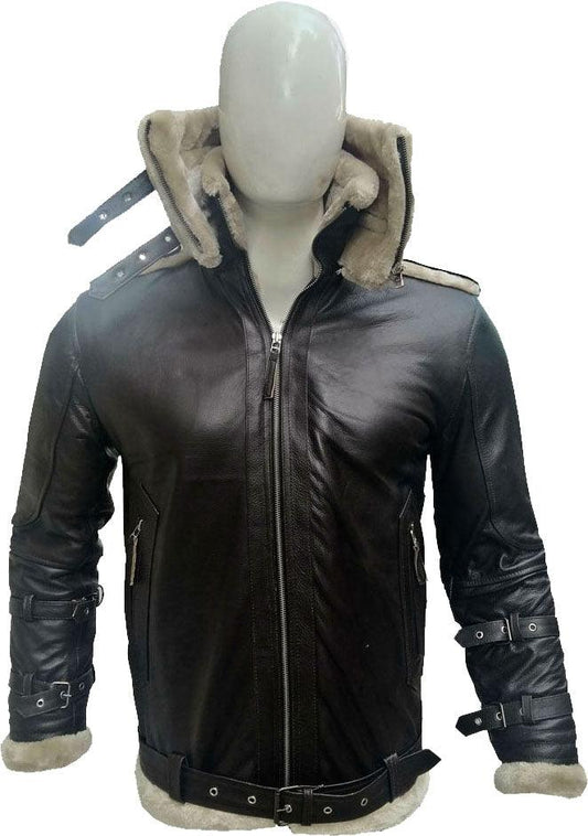 Men's Double Collar Dark Brown Leather Jacket With Fur