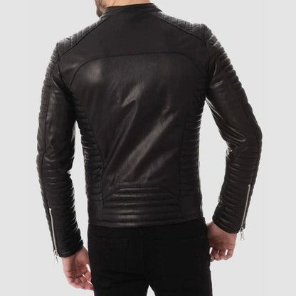 Mens Black Zipper Pockets Quilted Leather Jacket