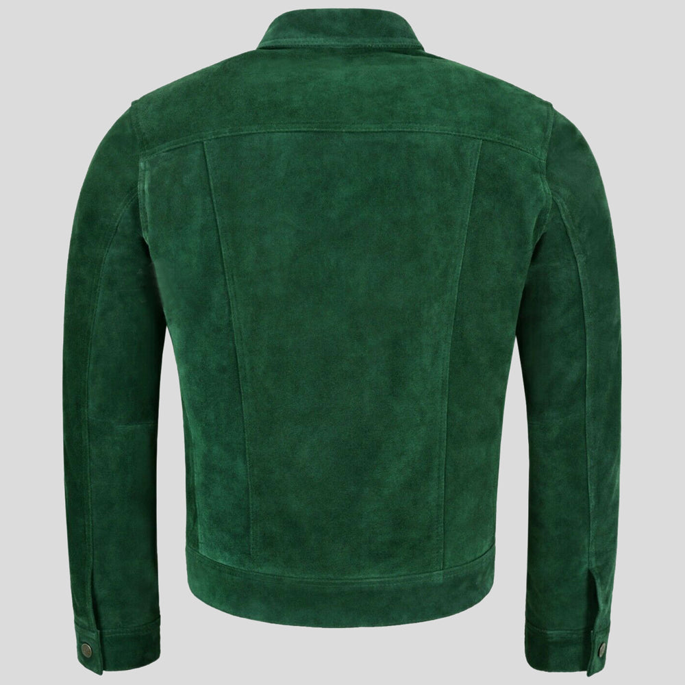 Mens Green Trucker Style Suede Leather Jacket
