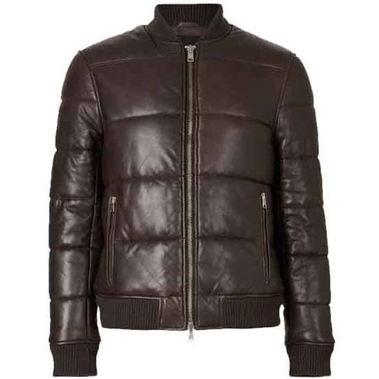 Mens Leather Puffer Bomber Jacket in Brown