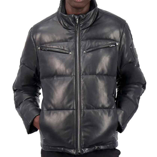 Mens Leather Puffer Jacket with Zipped Pockets