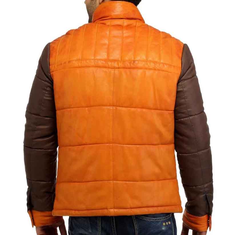 Leather Puffer Jacket with Nylon Sleeve