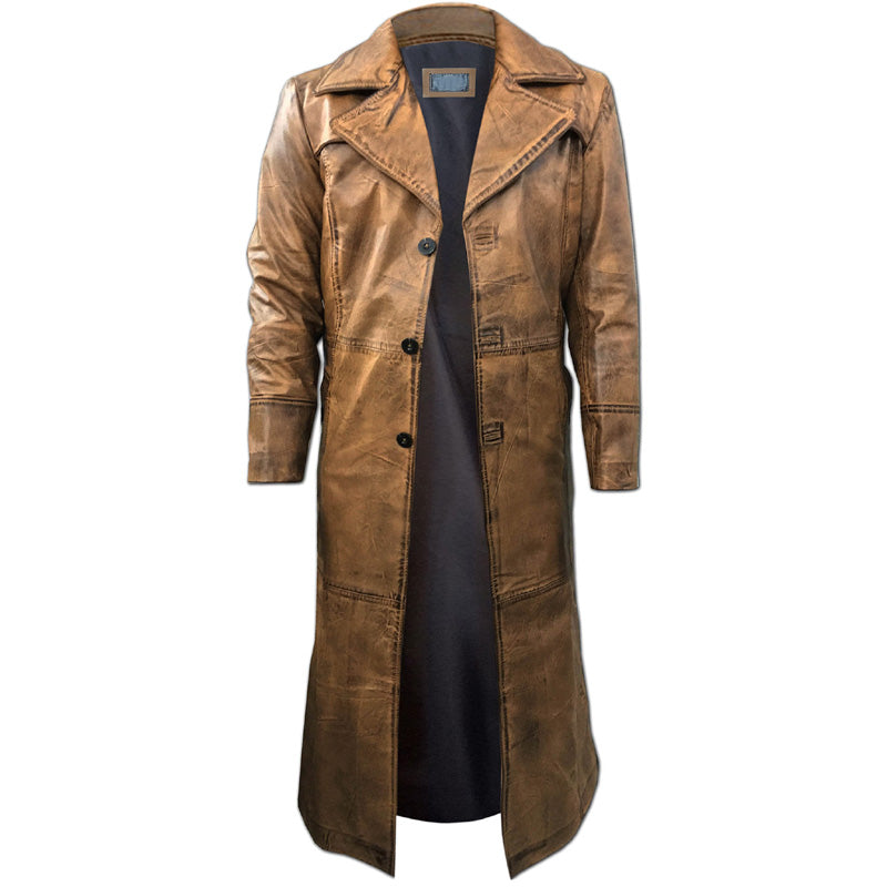 Mens Distressed Brown Leather Trench Coat