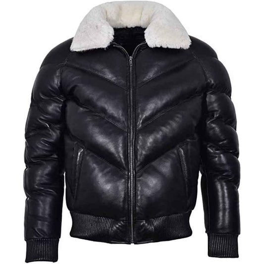 Mens Military Style Puffer Leather Jacket Black