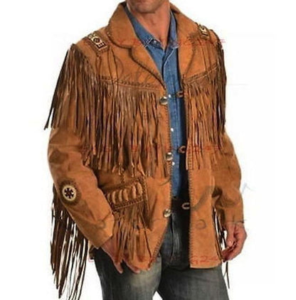 Men's Tan Brown Western Suede Cow Leather Fringes Jacket