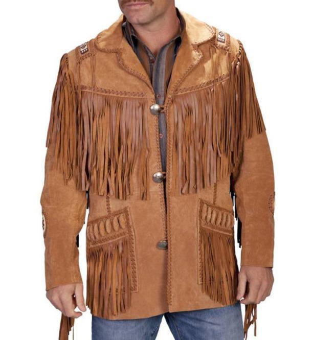 Men's Tan Brown Western Suede Cow Leather Fringes Jacket