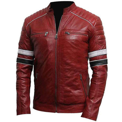 Mens Striped Café Racer Biker Leather Jacket