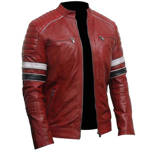 Mens Striped Café Racer Biker Leather Jacket