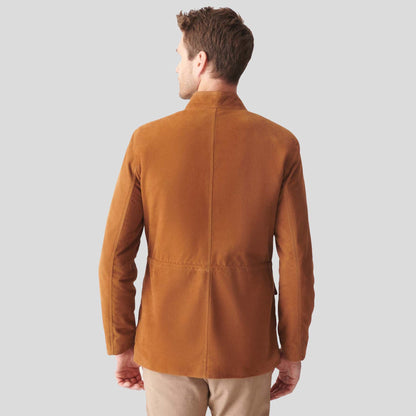 Mens Tan Brown Suede Leather Trucker Coat