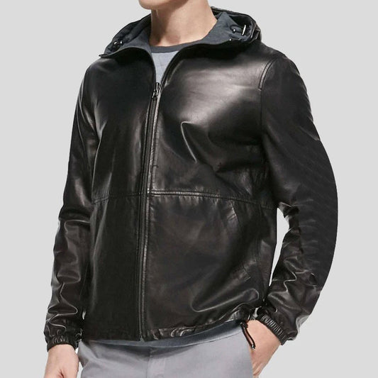 Mens Wear Black Hooded Leather Jacket