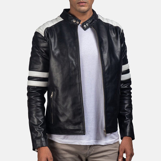 Men's White Stripes Leather Biker Jacket