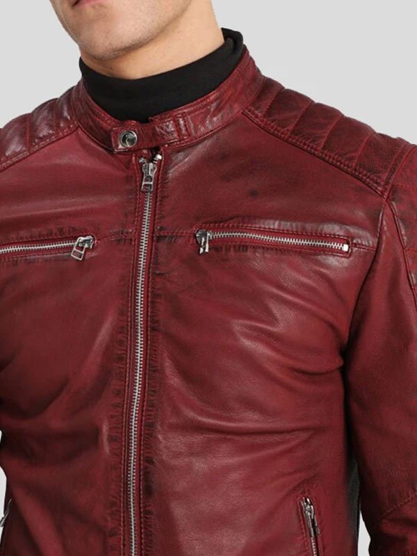 Mens Zipper Pockets Biker Leather Jacket