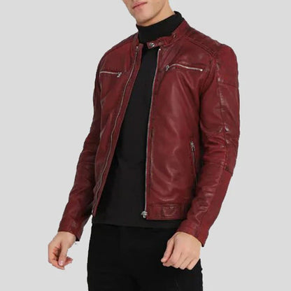 Mens Zipper Pockets Biker Leather Jacket