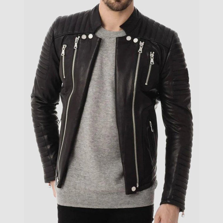 Mens Black Zipper Pockets Quilted Leather Jacket