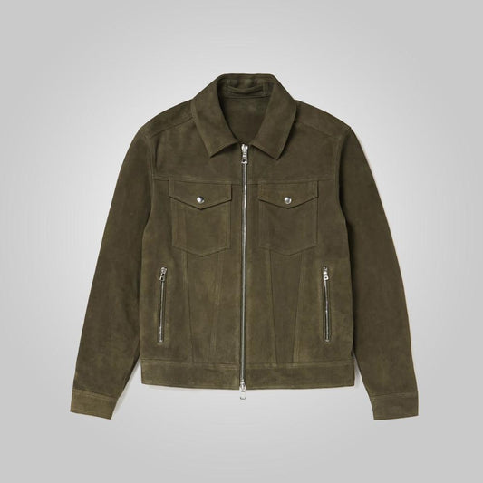 Army Green Suede Leather Trucker Jacket For Men
