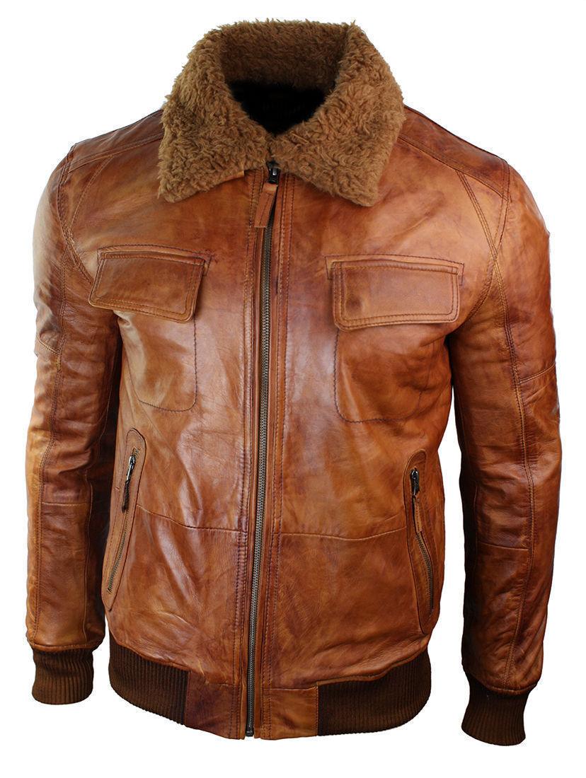 Men's B3 Bomber Rust Tan Brown Aviator Pilot Fur Collar Leather Jacket