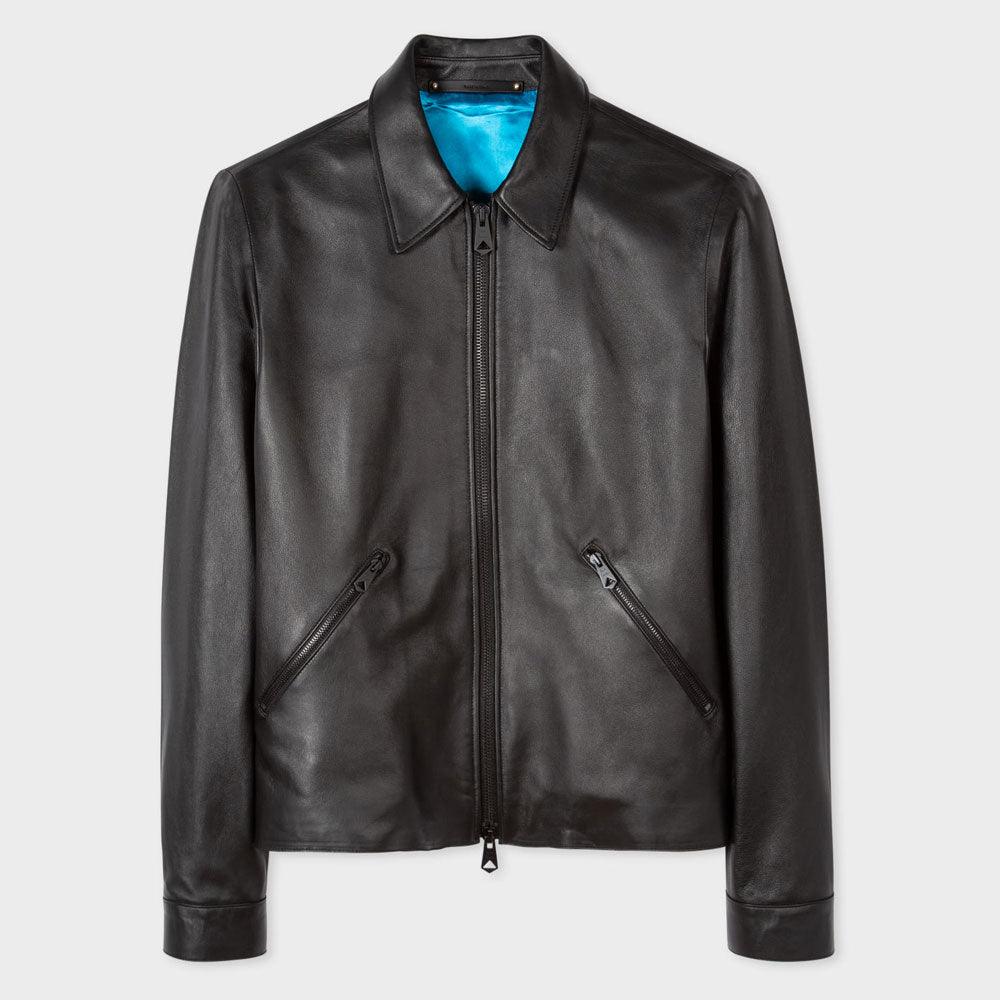 Men's Black Down Collar Sheepskin Leather Jacket