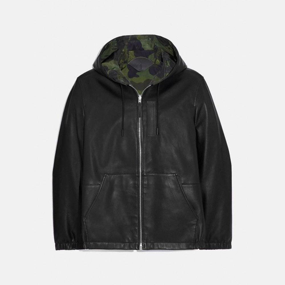 Men's Black Hooded Real Sheepskin Leather Bomber Jacket
