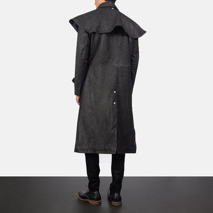 Men's Premium Sheepskin Studded Black Leather Duster Coat