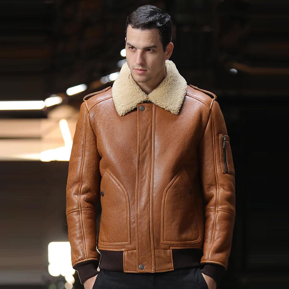 Men's Brown B3 Flight Airforce Sheepskin Bomber Jacket