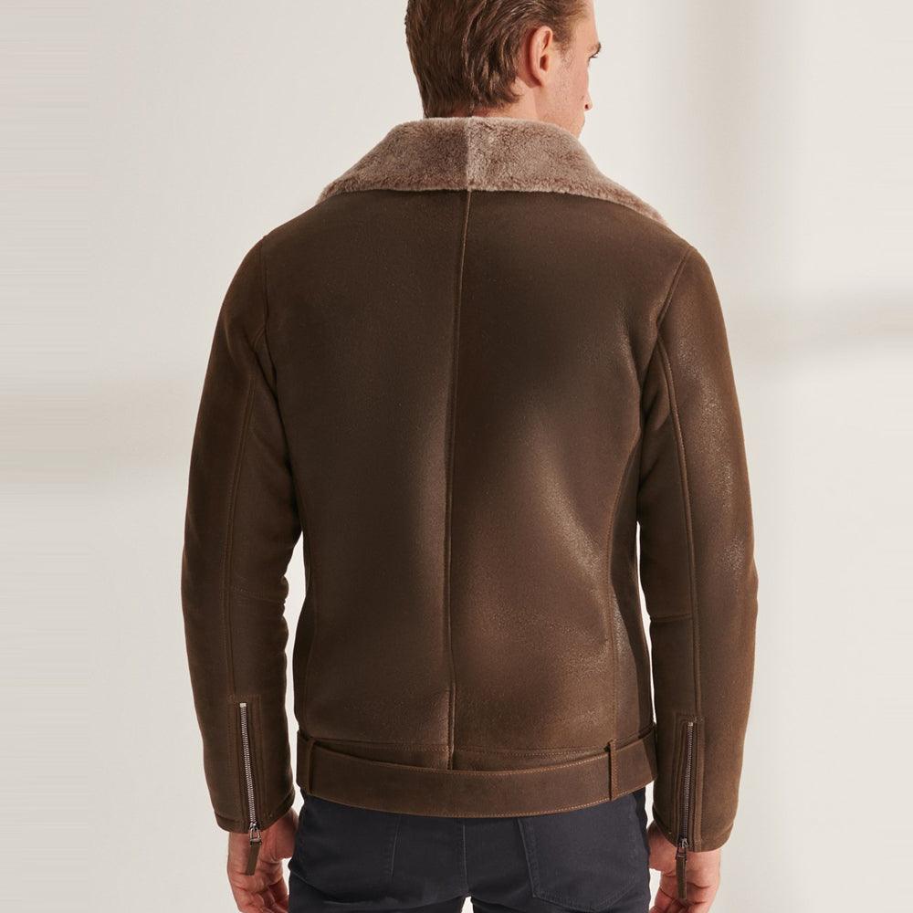 Brown Biker Shearling Aviator Sheepskin Leather Jacket For Men