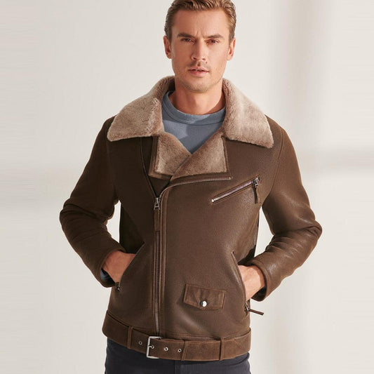 Brown Biker Shearling Aviator Sheepskin Leather Jacket For Men