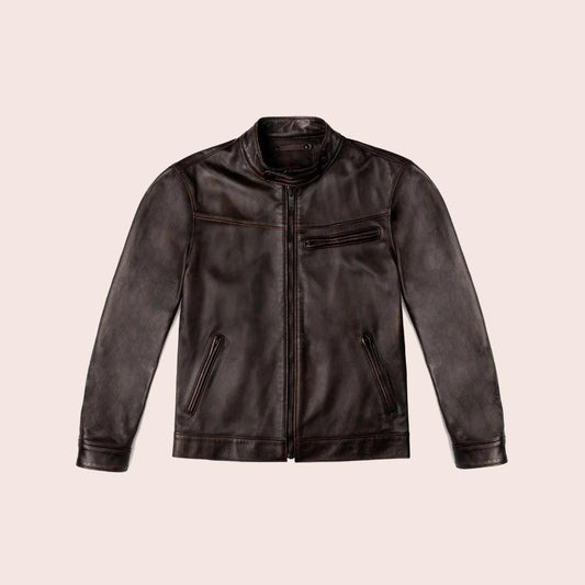 Men's Brown Cafe Racer Goatskin Leather Motorbike Jacket