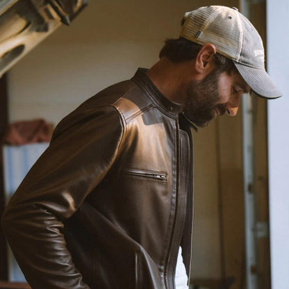 Men's Brown Cafe Racer Lambskin Leather Motorcycle Jacket