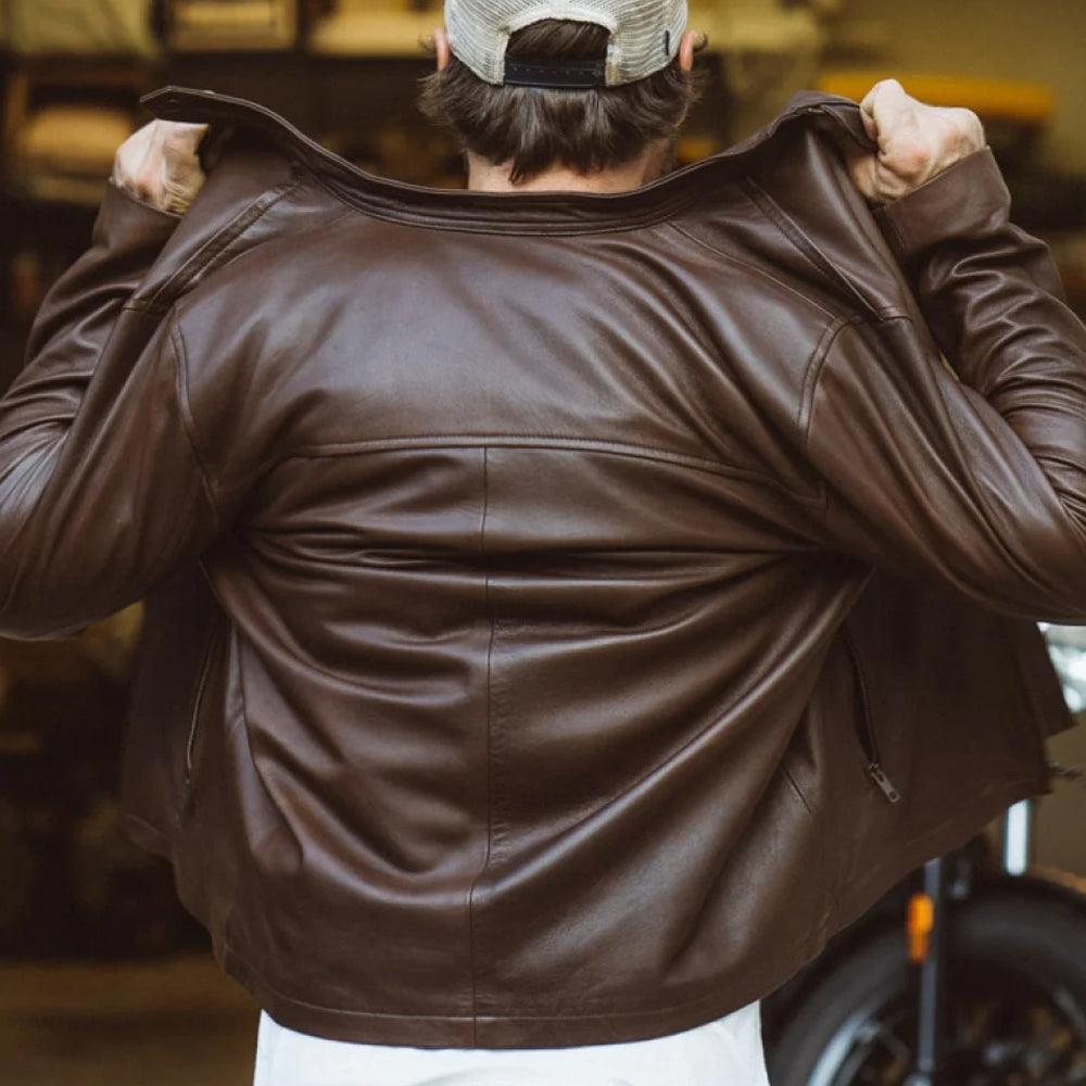 Men's Brown Cafe Racer Lambskin Leather Motorcycle Jacket