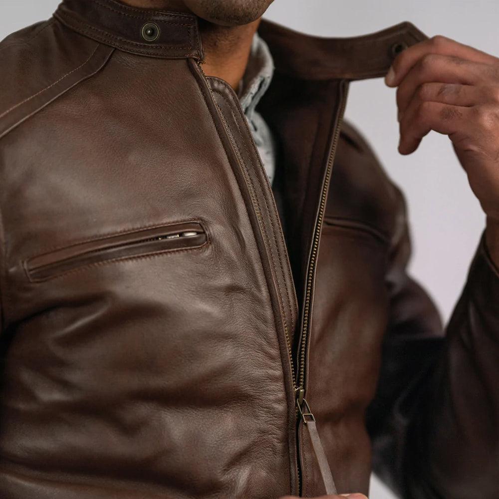 Men's Brown Cafe Racer Lambskin Leather Motorcycle Jacket