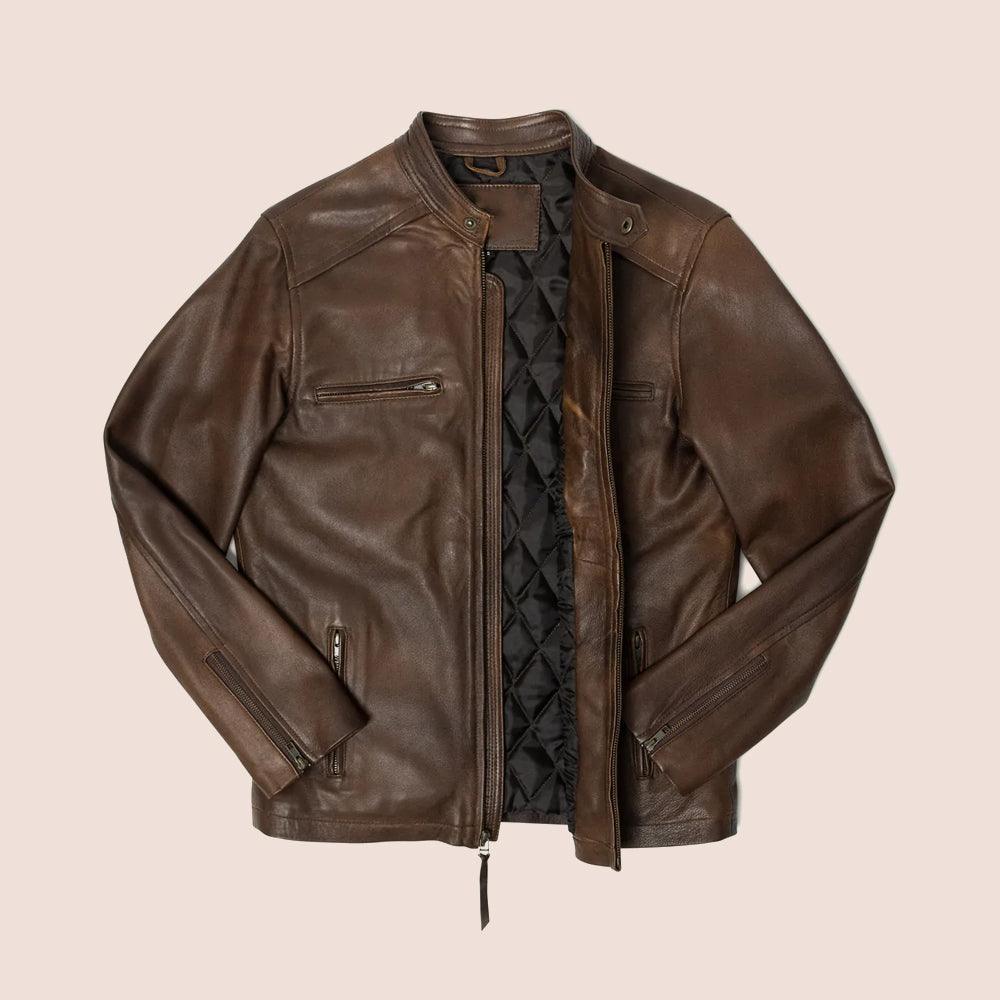 Men's Brown Cafe Racer Lambskin Leather Motorcycle Jacket