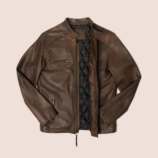 Men's Brown Cafe Racer Lambskin Leather Motorcycle Jacket