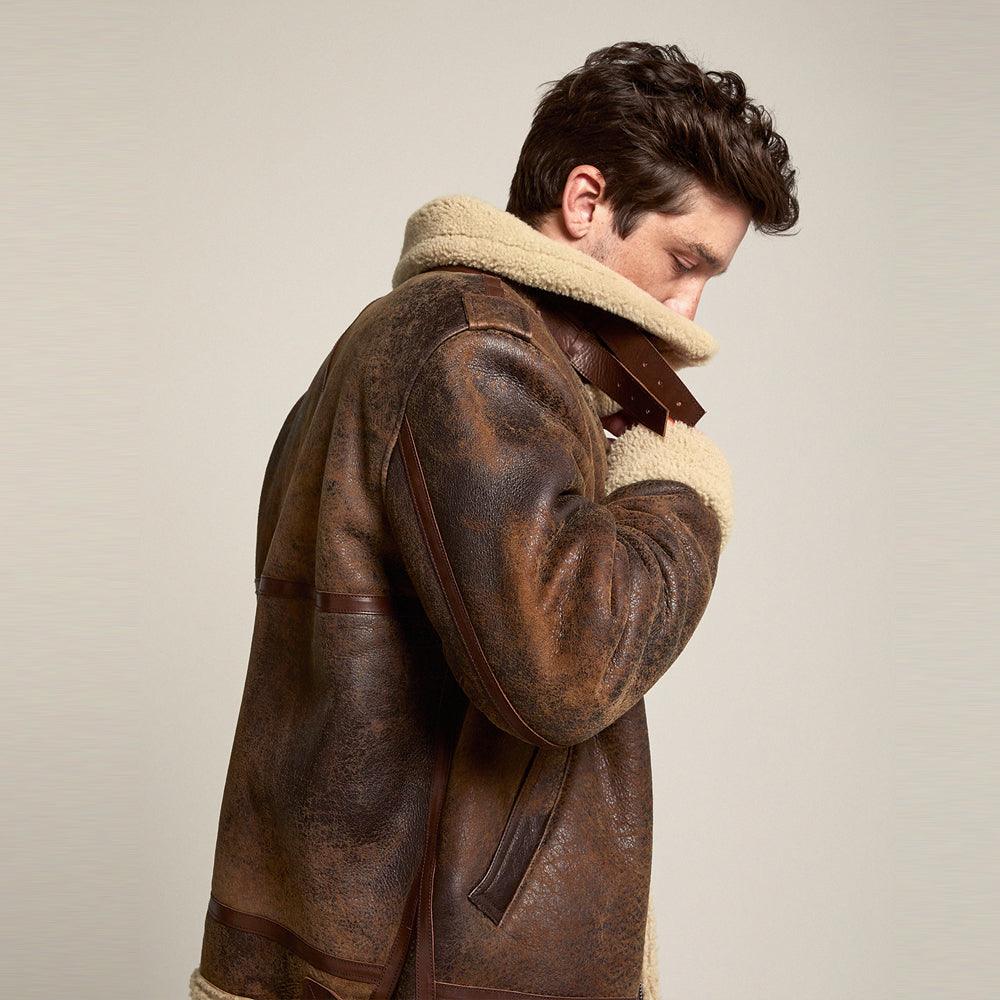 Men's Brown Distressed Leather Shearling Jacket