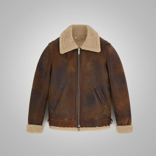 Men's Brown Distressed Leather Shearling Jacket