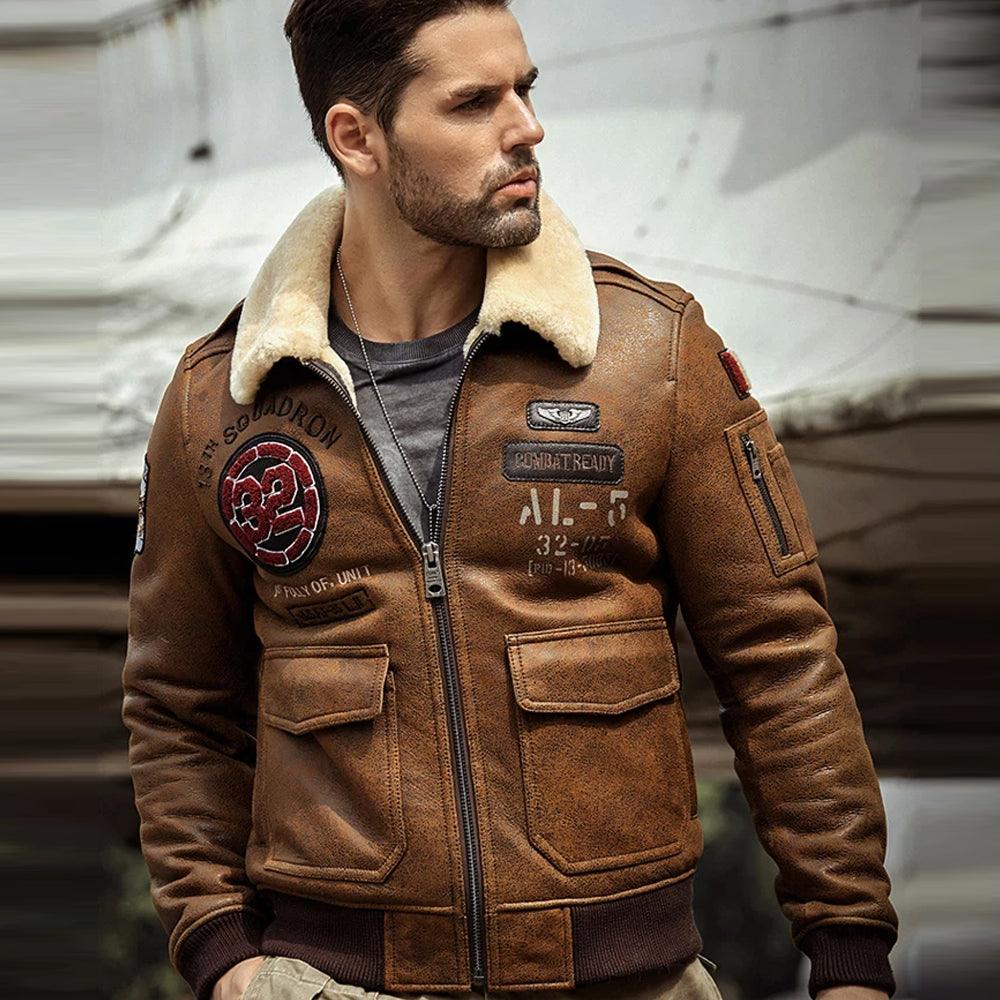 Men's B3 Airforce Embroidered Shearling Leather Bomber Jacket In Brown