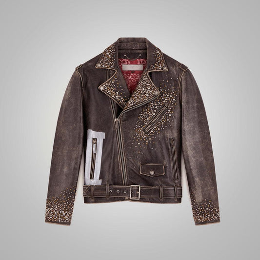 Men's Brown Studded Distressed Leather Jacket