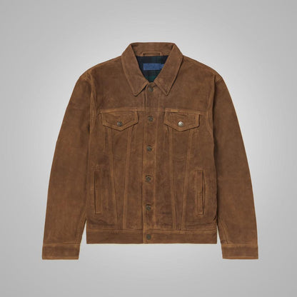 Brown Suede Leather Iconic Trucker Jacket For Men