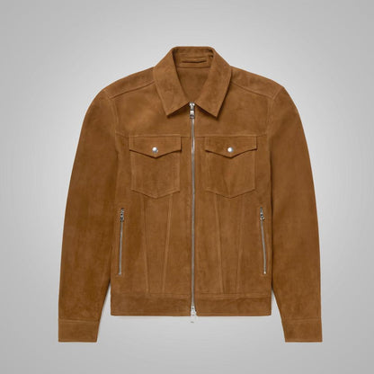 Brown Suede Leather Trucker Jacket For Men