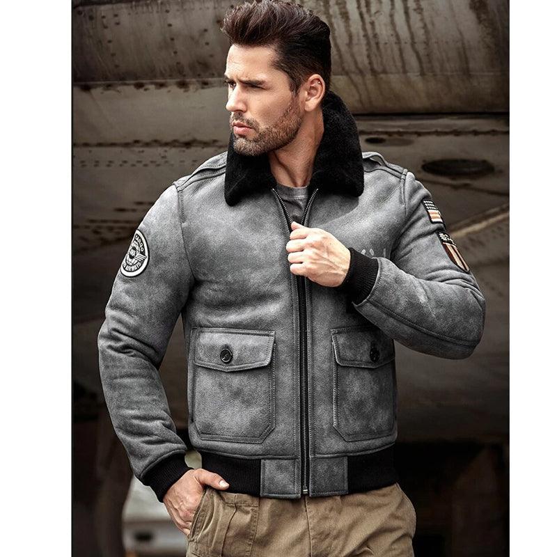 Grey B3 RAF Flight Shearling Leather Jacket Coat For Men