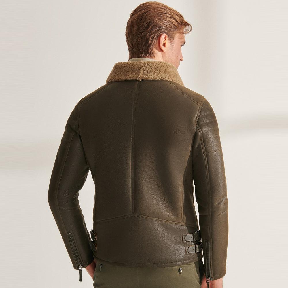 Green RAF Airforce Shearling Sheepskin Aviator Leather Jacket For Men