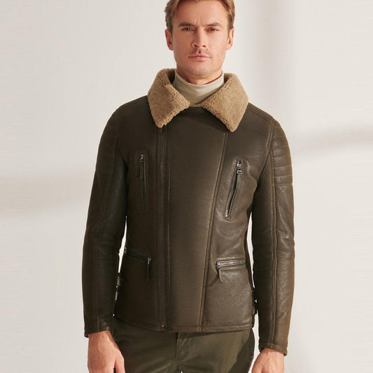 Green RAF Airforce Shearling Sheepskin Aviator Leather Jacket For Men