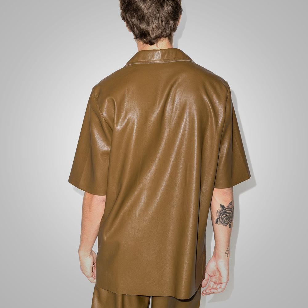 Half Sleeves Khaki Leather Shirt For Men